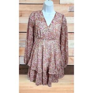 Japna Floral Short Dress Sz XS Long-Sleeve Wrap V-Neck Long-Sleeve Coquette